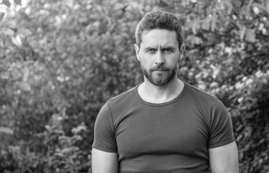 bearded man in shirt. caucasian man with beard. mature man outdoor. copy space.