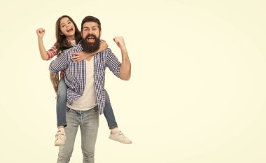 Active leisure. Fathers day. Father example noble human. Father little daughter. Best friends. Dad strong piggybacking adorable child. Having fun. Happiness being father of girl. Holiday celebration.