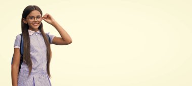 Liseli kız çalışmaya hazır. Okula dönüyorum. Genç kız bilgi topluyor. Eğitim ve bilgi. İlk bilgi gününde liseli kız, 1 Eylül okul eğitimi. okul pankartı.