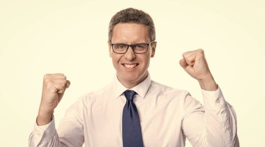 successful man celebrating success isolated on white. successful man celebrating success at studio. successful man celebrating success. photo of successful man celebrating success in eyewear.