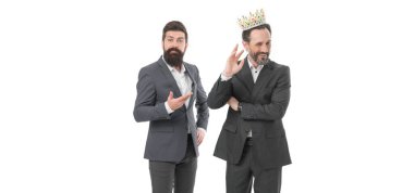 Dont touch my crown. Big boss wear crown isolated on white. Mature man got reward. King crown. Royal coronate symbol. Crown and glory. Crowning glory. Born to rule.