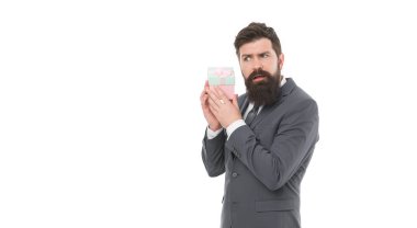 boxing day. Delivery company business. bearded man hold valentines present. businessman in formal suit on party. happy birthday shopping. success and reward. boxing day concept. what is inside. clipart