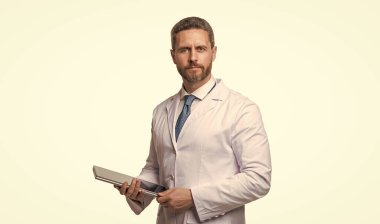 white coat physician with tablet medical record isolated on white background. medical record. medicine worker with medical record.