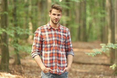 Tarz sahibi beyaz adamın sakalı var. Kareli gömlek giyen beyaz bir adam. Ormandaki beyaz bir adamın fotoğrafı. Kafkasyalı adam dışarıda..