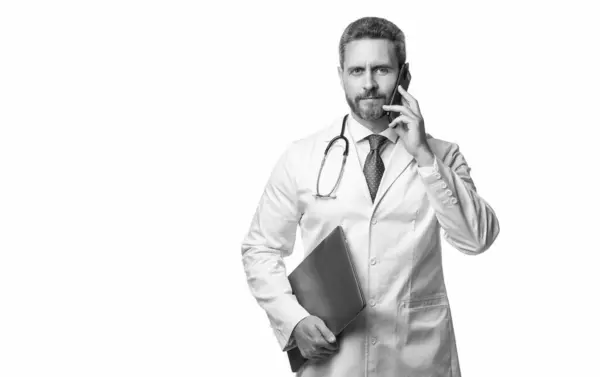 stock image physician online on background with copy space. photo of physician online with phone. physician online isolated on white. physician online in studio.