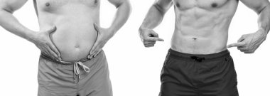 Vücut karşılaştırmasından öncesinin ve sonrasının resmi. Önce ve sonra vücut karşılaştırması beyazda izole edildi. Stüdyodaki erkeklerin vücut karşılaştırmasından önce ve sonra. Önce ve sonra cesetlerle karşılaştırılmış adamlar..