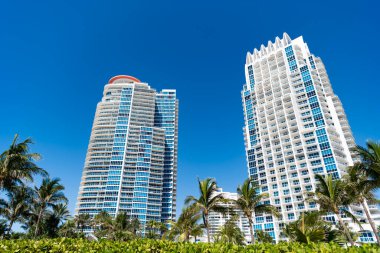 Miami 'nin güney sahilinde mimari bir bina. Palmiyeli gökdelen. Şehir mimarisi. Modern konut binasının mimarisi. Perspektif şehir gökdeleni. Modern gökdelen binası.