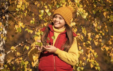 Okul zamanındaki mutlu genç kız, sonbahar yapraklarıyla dışarıda..