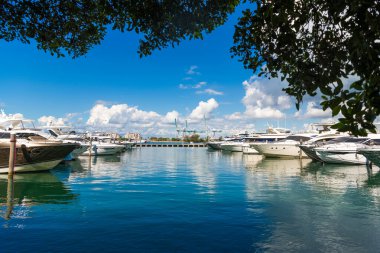 Marina, Miami Beach, Florida USA 'de. Yat teknesi Biscayne Körfezi 'ne yanaştı. Lüks yatı olan Miami Marina şehir merkezinde. Yaz tatili. Lüks yat marinası. Lüks bir tekne. Yat Kulübü.