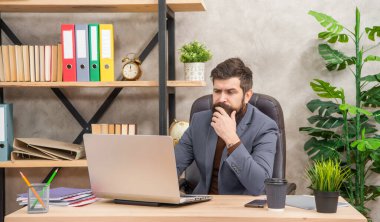 meşgul yetişkin girişimci ofiste bilgisayar üzerinde çalışıyor, mesleki meslek.