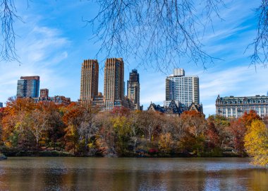 New York Central Park sonbahar manzarası. Doğa sonbahar manzarası. Central Park 'ta sonbahar sezonu. Sonbaharda ya da sonbahar mevsiminde mevsimlik şehir manzarası. Doğanın sonbahar güzelliği. Şehir parkında doğa. Düş