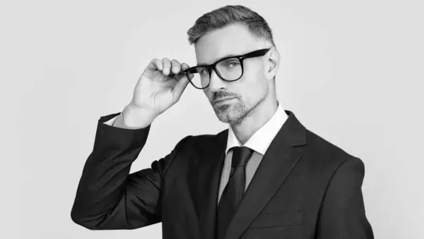 stock image grizzled leader in formal business suit and spectacles.