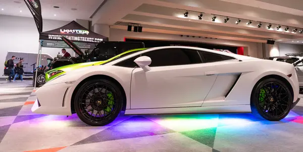 Stock image New York City, USA - March 27, 2024: Lamborghini Gallardo LP560-4 sportscar vehicle at New York International Auto Show, side view.