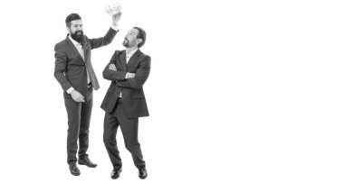 Rich and powerful people. VIP concept. Men wear crown. Businessmen successful people. Respected bearded man. Self esteem. Respected king. Respected position in society. Achievements and reputation.