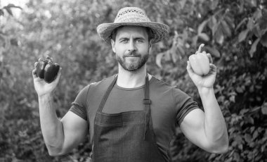 greengrocer in straw hat with sweet pepper.