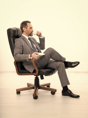 Rahatlatıcı iş adamı. Ofis koltuğundaki iş adamı. İş liderliği ve başarı. Başarılı bir iş adamı. Ofis müdürü beyazları izole etmiş. Takım elbiseli iş adamı. Büyük patron..