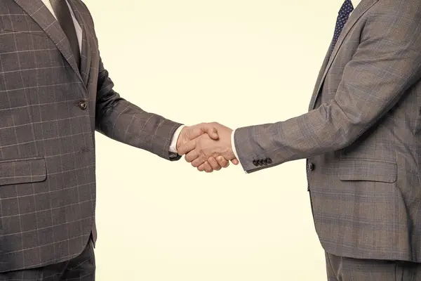 stock image collaboration success. two businessmen handshaking after successful business deal. business collaboration and partnership. business men dealing collaboration isolated on white. cropped view.