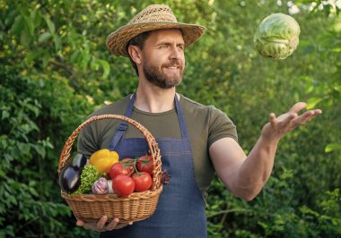 agricultural worker in straw hat hold basket full of vegetables.