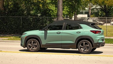 Miami Beach, Florida USA - April 15, 2021: blue chevrolet trailblazer RS crossover, side view.