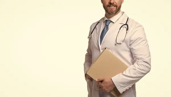 stock image doctor with folder. doctor isolated on white. doctor hold medical record. cropped view.