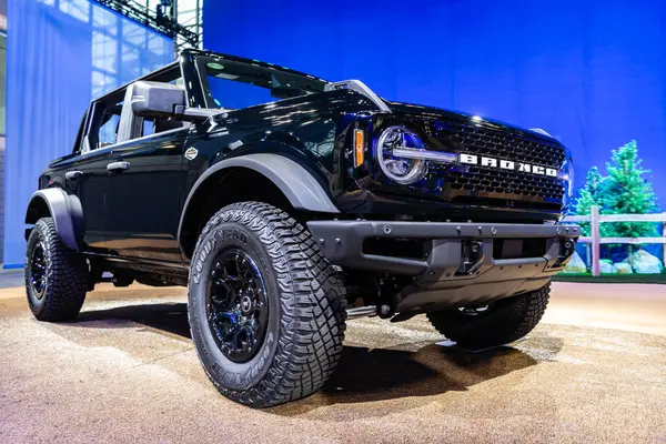 stock image New York City, USA - March 27, 2024: 2022 Ford Bronco SUV car at New York International Auto Show, corner view.