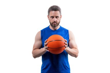 Man with basketball ball. Competitive edge. Professional basketball player training isolated on white. Muscular man has sport motivation. Sport and hobby. Basketball player man play professional. clipart