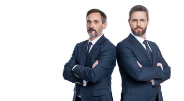 Başarılı iş adamı. İş ortakları beyazlar üzerinde izole edilmiş. Takım elbiseli iki iş adamı. İş adamı, patron ve CEO. Çalışanı olan profesyonel bir işletme müdürü. Hırslı iş adamı. Pankart.