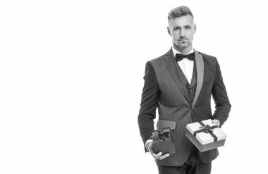 elegant grizzled man holding present box isolated on white shopping.