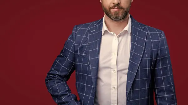 stock image cropped view of man with formal menswear. photo of man in formal menswear. formal man wear menswear isolated on red background. man in formal menswear studio.