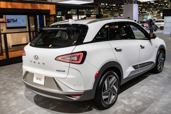 stock image New York City, USA - March 27, 2024: 2019 Hyundai NEXO electric crossover car at New York International Auto Show, rare view.