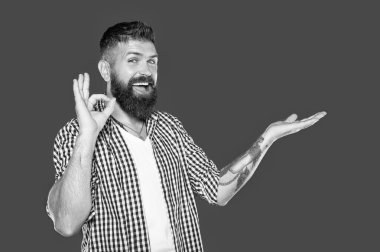 Sakallı adam kareli gömlek giyer ve gri arka planda fotokopi alanı olan ürünleri sunar. Tamam.