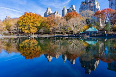 New York City, ABD - 20 Kasım 2023: Sonbahar sezonunda Central Park 'ın sonbahar manzarası ve sonbahar sezonunda güzel şehir manzarası.