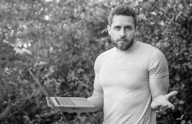 Kafası karışmış serbest çalışan adam internette çalışıyor. Serbest çalışan bir adamın serbest fotoğrafıydı. Dizüstü bilgisayarı olan serbest çalışan bir adam. Serbest çalışan bir adam..