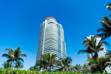 Palmiyeli gökdelen. Şehir mimarisi. Modern konut binasının mimarisi. Perspektif şehir gökdeleni. Modern gökdelen binası. Miami 'nin güney sahilindeki mimari bina.