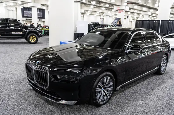 stock image New York City, USA - March 27, 2024: BMW i7 modern luxurious car at New York International Auto Show, corner view.