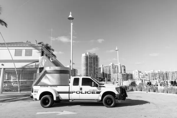 stock image Miami Beach, Florida USA - April 15, 2021: white ford f350 miami beach police vehicle, side view.