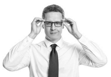 caucasian man see in eyewear isolated on white. man see in eyewear at studio. man see in eyewear on background. photo of man see in eyewear.