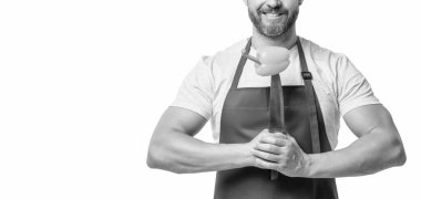 cropped view of man in apron with sweet pepper vegetable and knife isolated on white. copy space.