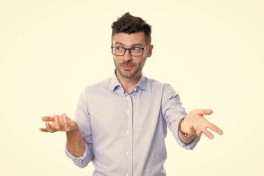 puzzled manager on background. photo of puzzled manager wear glasses. puzzled manager isolated on white. puzzled manager in studio.