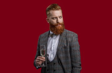 Başarıyı kutluyoruz. - Şerefe. Resmi görünüşlü sakallı adam. Şampanyayla kutlayın. Kutlama ve tezahürat. Şık smokinli adam kırmızı üzerine izole edilmiş şampanya bardağı tutuyor..