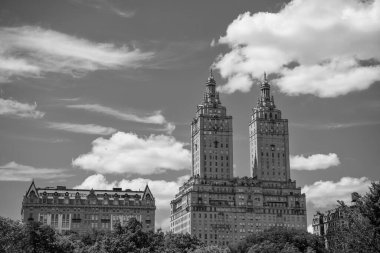Central Park ABD 'den Manhattan binaları. Central Park 'taki Manhattan binasının manzarası. Central Park ve New York 'taki Yukarı Doğu yakası. Park gökdelenle çevrili. şehir mimarisi.