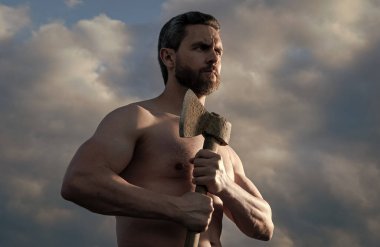 shirtless man with axe. caucasian man hold hatchet. brutal man on sky background.