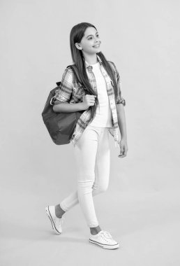 Sırt çantalı liseli bir kızın sarı renkte izole edilmiş fotoğrafı. Stüdyodaki genç kız. Arka plandaki genç kız..