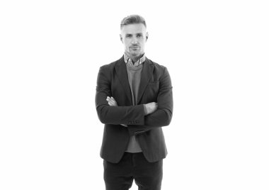 Ciddi olgun bir adamın stüdyo çekimi. Yakışıklı, olgun bir adam. Olgun adamın beyaz arka planda izole edilmiş harika bir tarzı var. Ceketli olgun bir adam..