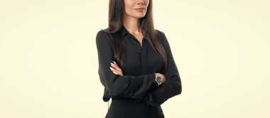 cropped view of businesswoman isolated on white background. caucasian businesswoman in studio. professional businesswoman wearing black.