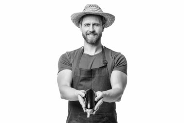 Önlüklü ve şapkalı bahçıvan. Beyaz üzerine izole edilmiş patlıcan sebzeli..