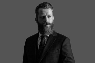 Gri arka planda takım elbiseli iş adamının yüzü. İş adamı resmi kıyafet giyer. İş adamının stüdyo fotoğrafı. Takım elbise ve kravatlı iş adamı.