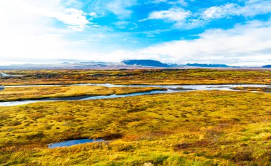 Şeyler vellir doğa. Thingvellir Park Nehri. Nehir İzlanda 'da sonbaharda. Sonbahar manzarası. Ulusal park. Thingvellir sonbahar manzarası. Thingvellir Ulusal Parkı İzlanda 'da. İzlanda sonbahar doğa manzarası.