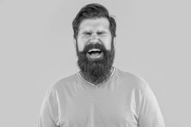 Stüdyoda gülen sakallı adamın portresi. Arka planda sakallı adamın portresi var. Sakallı adamın portresi. Sarıda izole edilmiş sakallı adamın portresi..