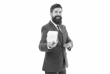nice purchase. businessman in formal suit on party. boxing day. Delivery company business. success and reward. bearded man hold valentines present. happy birthday shopping. Thanks for your purchase.